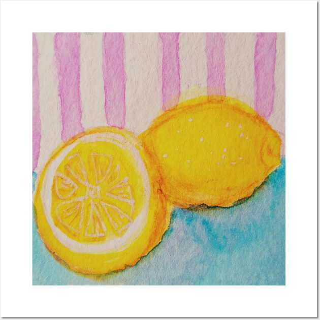 Watercolor lemons on blue table with striped pink background Wall Art by San Mould Art